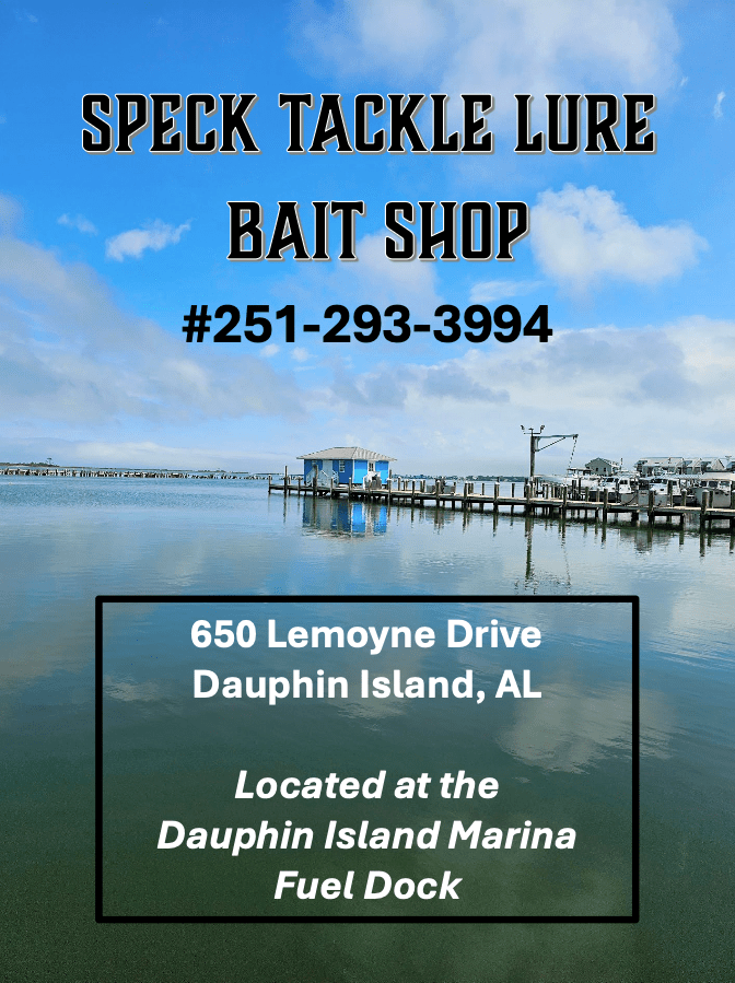 Speck Tackle Lure Bait Shop info over marina with blue sky.